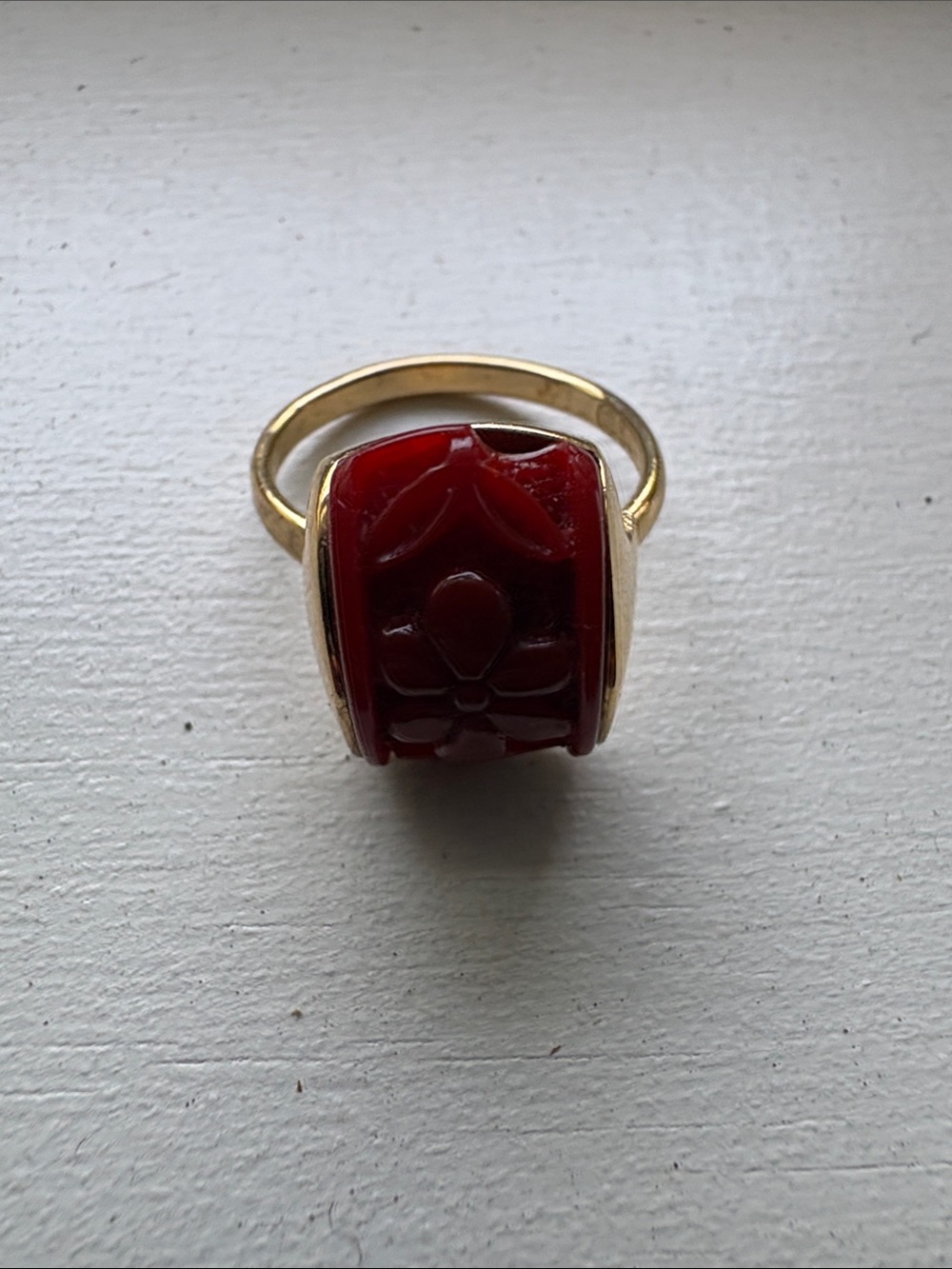 Sarah Coventry Gold-Tone Ring with Deep Red Carved Stone